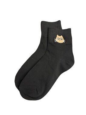 Cute Cat Embroidered Low Crew Socks Black Womens One Size